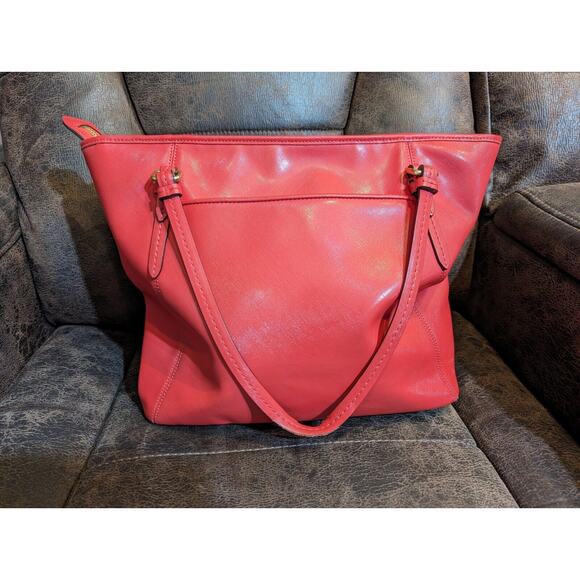 Coach Peyton Leather Large Tote Solid Coral Pomegranate 13" X 12" X 5" F27349 - Picture 3 of 13